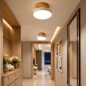 Nordic Flush Mount Ceiling Light 7" LED Ceiling Lamp, Modern Wood & Oak Light Fixture, Bedroom Bathroom Hallway Kitchen Lighting