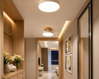 Nordic Flush Mount Ceiling Light 7" LED Ceiling Lamp, Modern Wood & Oak Light Fixture, Bedroom Bathroom Hallway Kitchen Lighting