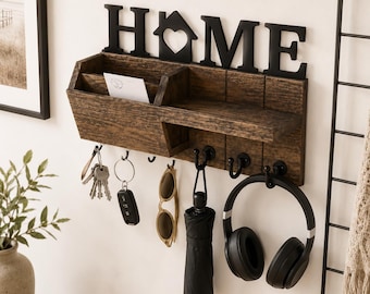 Wooden Wall Key Holder with Shelf, Decorative Key and Mail Holder, Entryway Organizer, Large Hooks for Bags Coats Umbrellas