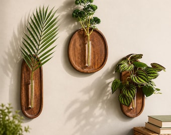 Solid Wood Wall Mounted Vase | Wooden Hydroponic Vase with Glass Tube | Minimalist Scandinavian Wall Decor | Modern Plant Holder