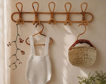 Rattan Wall Coat Rack | Boho Wall Mounted Hooks | Vintage Inspired Wicker Coat Hanger | Entryway Organizer | Nursery Decor