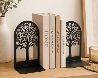 Black Tree of Life Iron Bookends, Desktop Book Holder, Decorative Office Decor, Metal Book Rack, Gift for Book Lovers, Home Shelf Organizer
