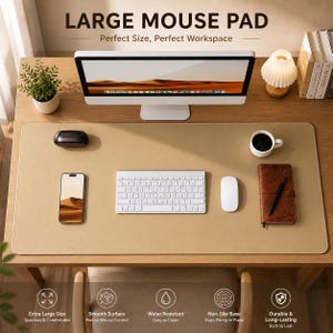 May include: A large tan mouse pad with a computer monitor, keyboard, and mouse on a wooden desk. The mouse pad has the text "LARGE MOUSE PAD" and "Perfect Size, Perfect Workspace". Other items include a phone, coffee cup, and notebook.
