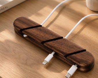 Personalized Wooden Cable Organizer | Magnetic Cord Holder | Custom Desk Organizer | Beech Walnut Cable Management | Office Gift