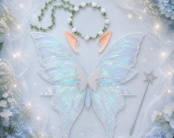 Fairy Wings Adult Fairy Costume Set, Butterfly Fairy Wings Fairycore, Sparkle Dress Up Wings with Wand Elf Ears for Party Cosplay