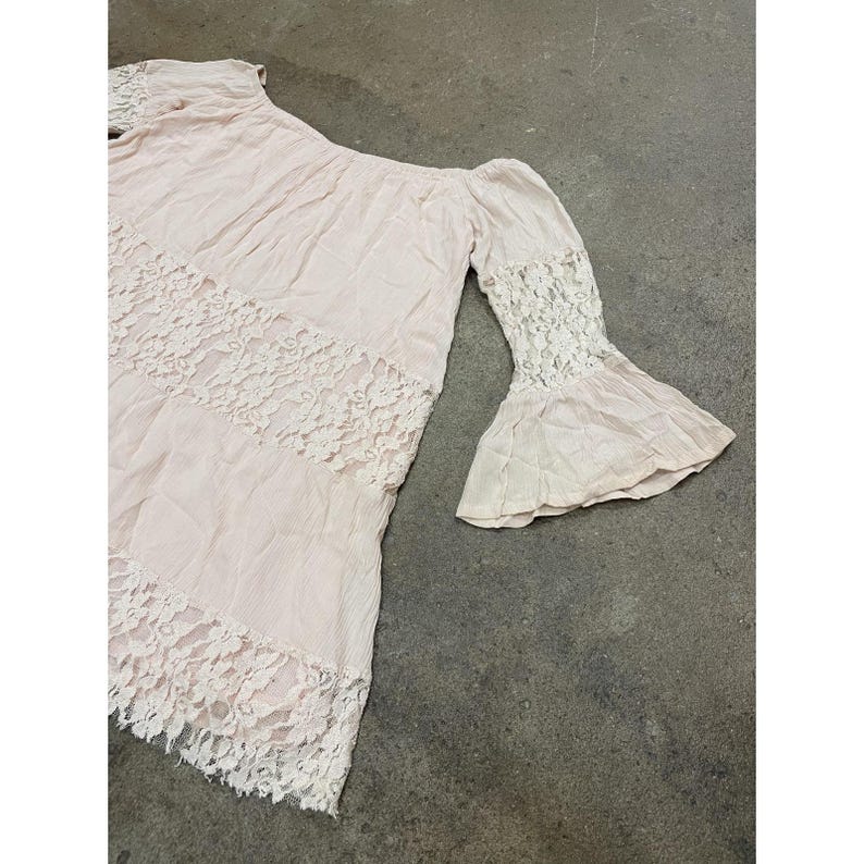 Free People Lace Dress Womens XS Pink Off Shoulder Boho Short Mini Bell Sleeve image 12