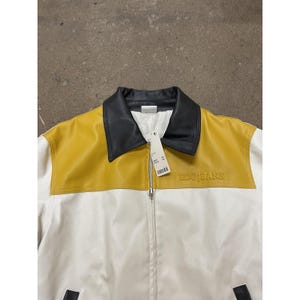 BDG Urban Outfitters Jacket Mens Small White Yellow Black Faux Leather Bomber image 5