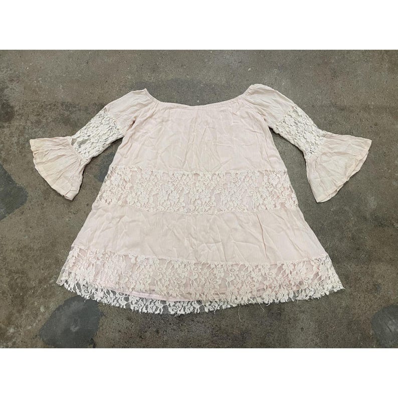 Free People Lace Dress Womens XS Pink Off Shoulder Boho Short Mini Bell Sleeve image 10