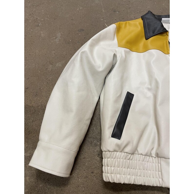 BDG Urban Outfitters Jacket Mens Small White Yellow Black Faux Leather Bomber image 2