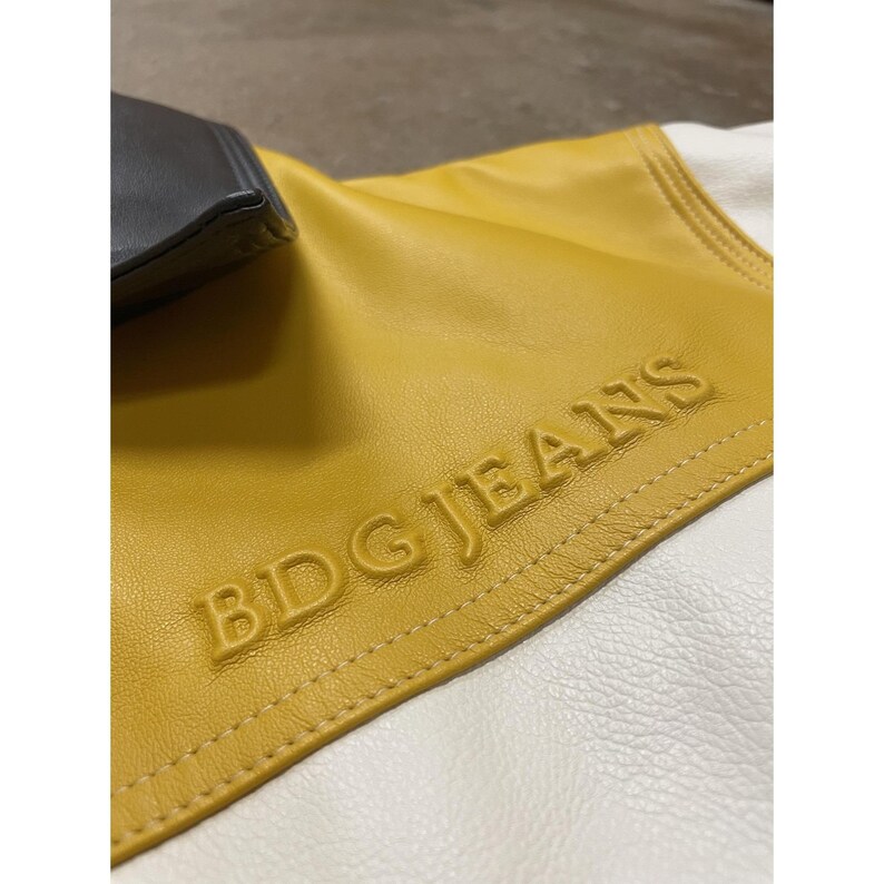 BDG Urban Outfitters Jacket Mens Small White Yellow Black Faux Leather Bomber image 6