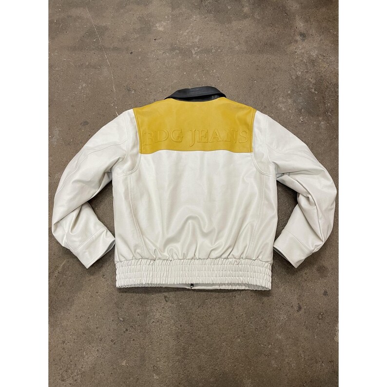 BDG Urban Outfitters Jacket Mens Small White Yellow Black Faux Leather Bomber image 13