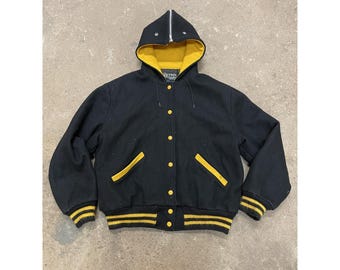 Vintage Butwin Jacket Mens M/L Black Wool Varsity Letterman Hooded Made USA
