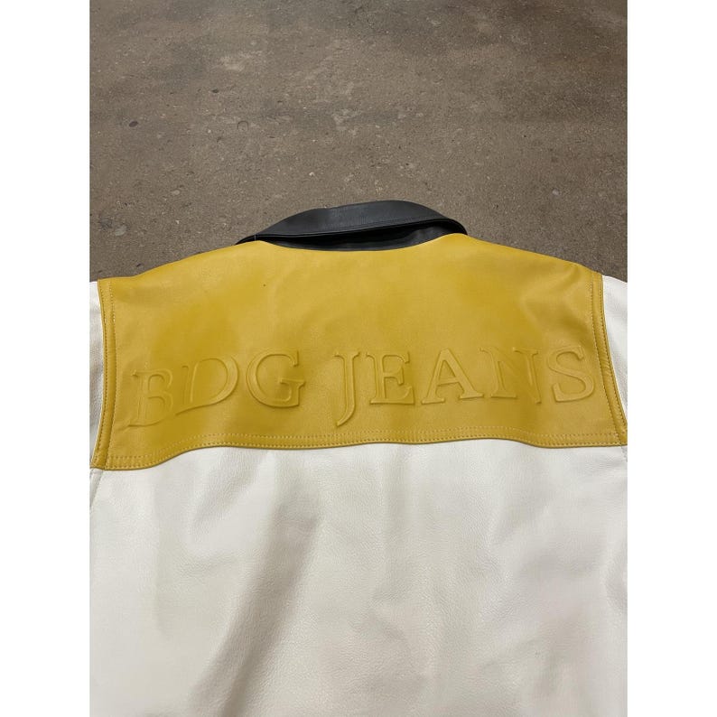BDG Urban Outfitters Jacket Mens Small White Yellow Black Faux Leather Bomber image 17