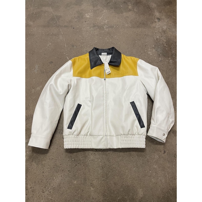 BDG Urban Outfitters Jacket Mens Small White Yellow Black Faux Leather Bomber image 1