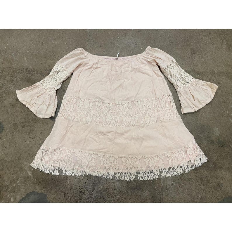 Free People Lace Dress Womens XS Pink Off Shoulder Boho Short Mini Bell Sleeve image 1