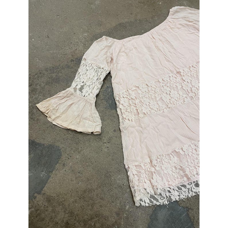 Free People Lace Dress Womens XS Pink Off Shoulder Boho Short Mini Bell Sleeve image 11