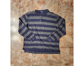 Vintage Polo Ralph Lauren Navy/Gray Striped Knit Long Sleeve Shirt Sz XXL**