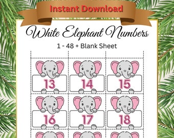 Printable White Elephant Numbers White Elephant Game Digital Download