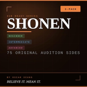 May include: A dark orange graphic with the word "SHONEN" in large white letters. The text "DUB READY SERIES" is above it, and "75 ORIGINAL AUDITION SIDES" is below. The image also includes the text "BEGINNER", "INTERMEDIATE", and "ADVANCED".