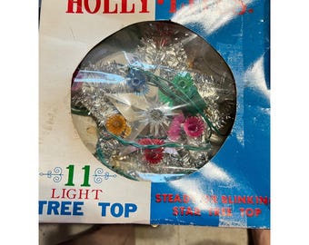 Holly-Lites Vintage 11 Light Tree Top Star Multicolor Silver Tinsel Steady Blink