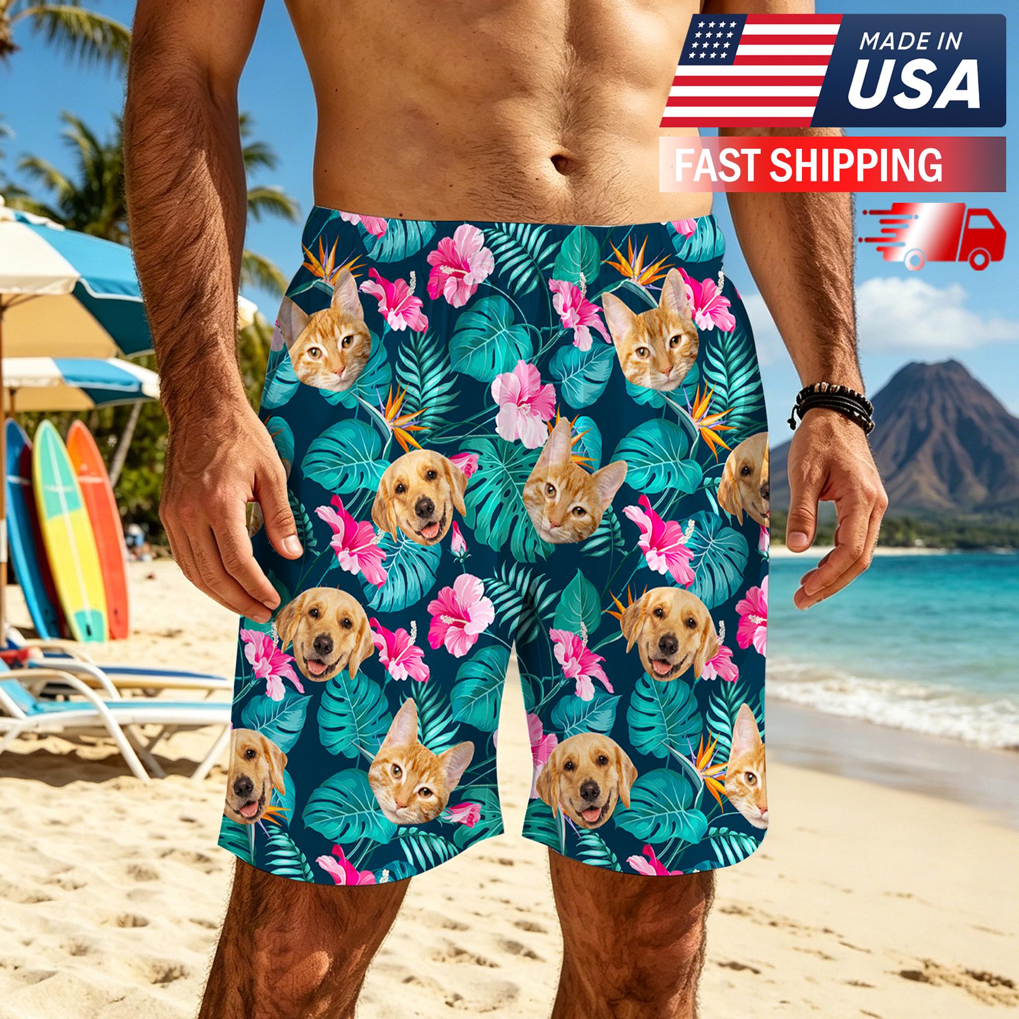 Custom Hawaiian Swim Trunks with Pet Photo,Personalized Dog Face Beach Shorts,Summer Vacation Gifts