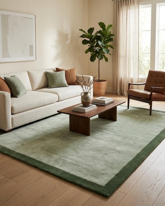 Sage Green Rug, Hand Tufted Wool Rug, Living Room Rug, Bedroom Rug , Moroccan Green Rug, Boho Decor, Tapis, Scalloped Rug.