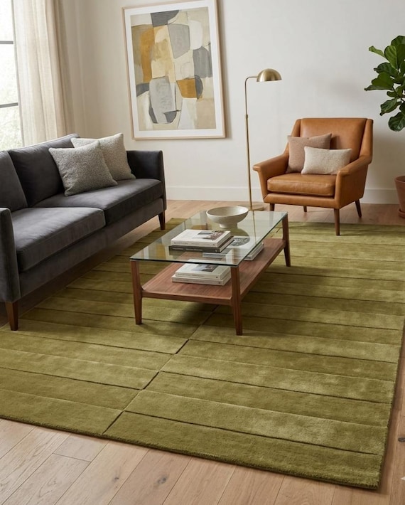 Olive Green Rug, Living Room Rug, Abstract Wool Rug, Bedroom Rug, Hand Tufted Rug, Morocco Rug, Room Decor, Area Rugs, Tapis, Scalloped Rug