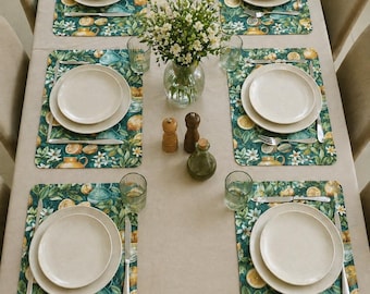 Zestaw 6 wodoodpornych podkładek, podkładki z satynowym spodem, dekoracja stołu z motywem kwiatów cytrynowych, wiosenno-letnie posiłki, prezent na parapetówkę dla niej, podkładki cytrynowe