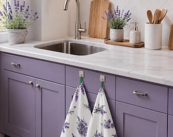 Waffle Kitchen Towels, Cotton Lavender Floral Print Hand Towels, Farmhouse Decor