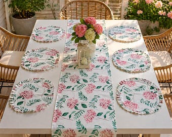 Manteles individuales de tela con revestimiento de teflón y estampado de hortensias, decoración de comedor para primavera y verano, regalo para ella, juego de 6 manteles individuales florales, decoración de hortensias, estilo patio.