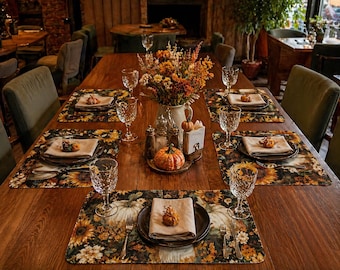 Juego de seis manteles individuales para comedor, impermeables, decoración rústica de otoño, regalo de Acción de Gracias para el hogar, estilo calabaza y girasol.