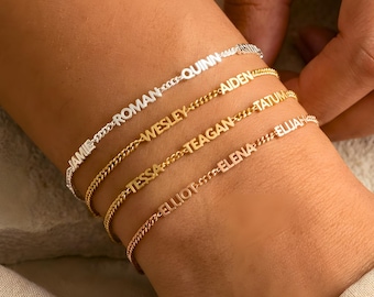 Personalized Multiple Name Bracelet, Custom Dainty Family Curb Chain, Sterling Silver Gold Rose Gold