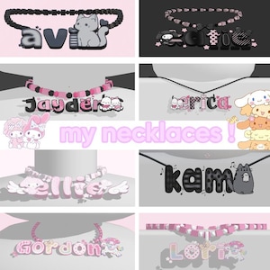 May include: A selection of personalised necklaces in different designs. The necklaces display names and cartoon characters in black, pink, and grey. The text "my necklaces!" is also visible.