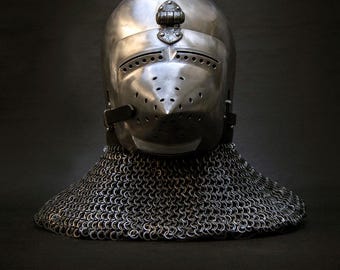 Middeleeuwse Pigface-bascinethelm, stalen ridderpantserhelm, maliënkolder Aventail, LARP-cosplay