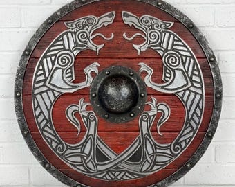 Viking Fenrir Wolf Wooden Shield, Norse Mythology 3D Relief Wall Decor