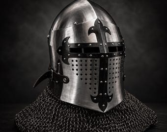 Draagbare middeleeuwse helm met maliënkolder, handgemaakte ridderhelm, kruisvaarder-pantserhelm, Viking-krijgerkostuum, LARP-reconstructieuitrusting