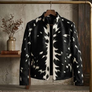 Peut inclure: Veste à motif noir et blanc avec fermeture éclair, suspendue à un cintre en bois. La veste a un col montant et un motif rappelant le cuir de vache. La veste est présentée sur un portant en laiton.