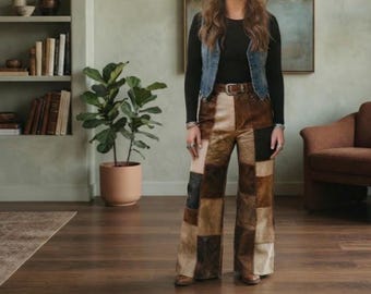 Patchwork Leather Palazzo Pants | Boho Western Wide Leg Trousers (Custom Size)