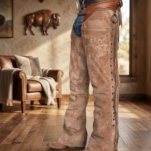 Puede incluir: Chaps de cuero de gamuza marrón con flecos y detalles de tachuelas. Los chaps se usan con un cinturón de cuero marrón y vaqueros. Se combinan con botas de vaquero marrones, creando un look de inspiración western.