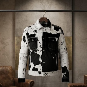 May include: A black and white cowhide jacket with a button-up front, two chest pockets, and a side zip. The jacket is suspended on a wooden hanger.