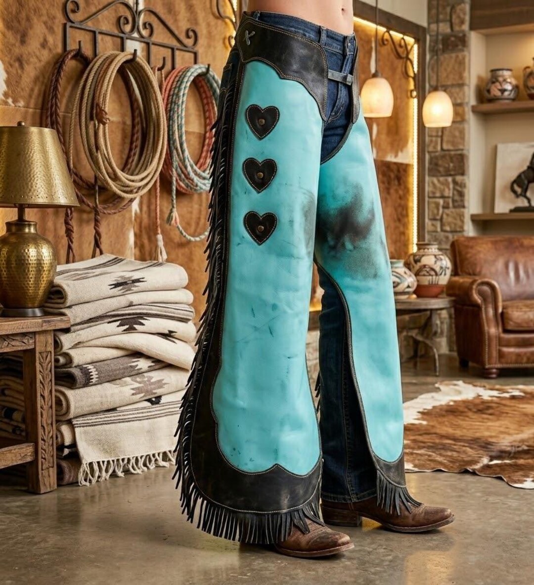 Cowhide Rodeo Chaps Handmade Native American Style Blue Cowhide Chaps With Western Fringes ...