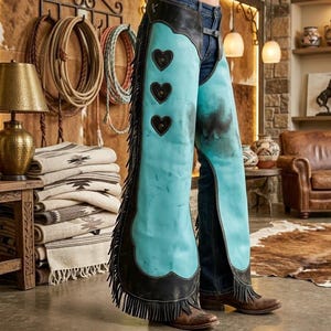 Puede incluir: Chaps de cuero turquesa con ribete y flecos negros. Se ven tres acentos en forma de corazón en los chaps. Los chaps se usan sobre unos vaqueros azules y botas de vaquero marrones. El fondo incluye cuerdas, mantas y una lámpara.