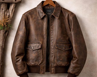 Vintage Brown Leather Bomber Jacket: Map Lining, Military Style