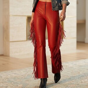 Red Leather Fringe Pants for Women - High Waist Trousers with Full Side Fringe