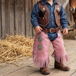 May include: A blue paisley button-down shirt, a brown leather vest with intricate floral tooling and silver conchos, a brown leather belt, and pink leather chaps featuring long fringe and circular silver conchos, paired with brown leather boots.
