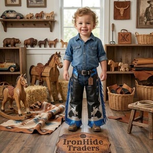 Op de afbeelding: Een kind draagt een spijkeroverhemd en zwarte leren chaps met zilveren en blauwe details, waaronder een paardenmotief en franjes. De kamer bevat houten speelgoedpaarden en een bord met "IronHide Traders".
