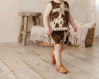 Baby Cowhide Leather Fringe Set, Chocolate Cream Western Toddler Outfit
