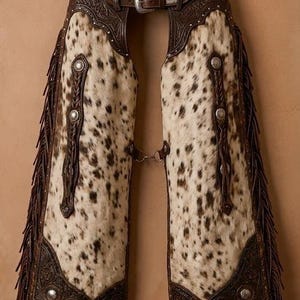 Op de afbeelding: Westerse chaps met een wit en bruin gevlekt koeienhuidpatroon, donkerbruine lederen afwerking met bloemmotieven, zilverkleurige concho-accenten en lange lederen franjes langs de buitenranden, opgehangen aan een houten kledinghanger.