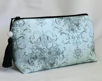 Green Floral Makeup Bag, Handmade Cotton Cosmetic Pouch, Travel Toiletry Organizer, Gift for Her