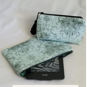 Paris Green Floral Cotton Kindle Sleeve | Zippered Pouch, Travel Passport Wallet